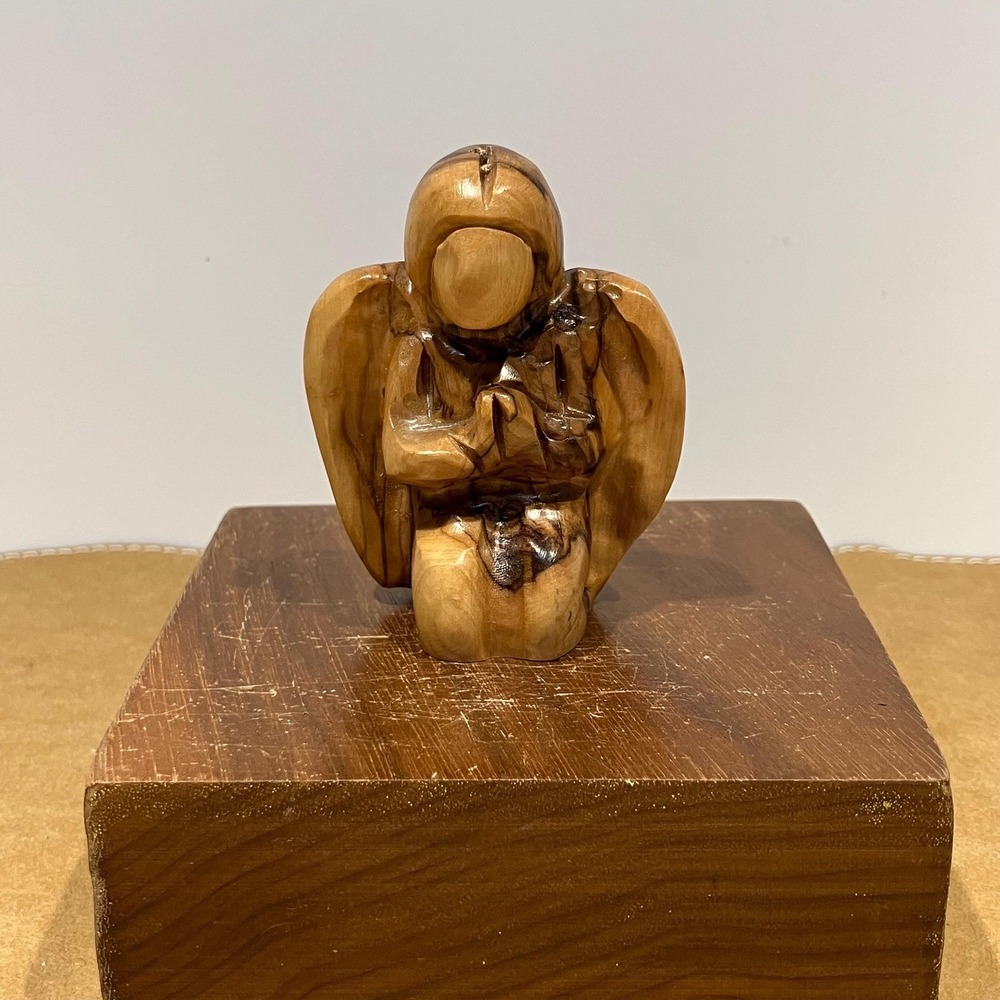 Hand-Carved Olive Wood Kneeling Angel Figurine Faceless Praying Guardian Angel